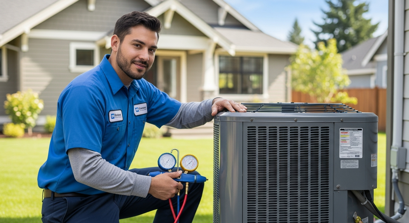 Twin City Service technician servicing a high-efficiency air conditioning unit in Kelso, WA